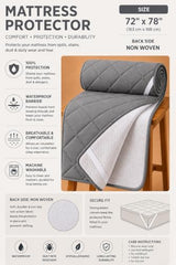 Mattress Protector King Size Waterproof Quilted Mattress Topper Cover with Elastic Corner Straps, Breathable Soft Non-Woven Back, Machine Washable Mattress Pad (72 x 78 Inch,), Grey
