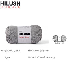 HILUSH super saver,Poly Yarn PACK OF 2 BALLS (1 Ball/100 Gram Each) Ball Supersoft Hand Knitting Wool Ball, Suitable for Craft, Crochet, Amigurumi, Embroidery, Toys, Garments, Flowers and Hobby Projects , Shade no - (grey)