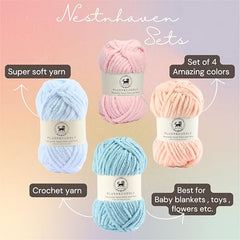 NESTNHAVEN , Plush & Cuddly Sets 2.0 , Chenille Yarn Supersoft Hand Knitting Wool Ball, set of 4 , 400 grams (1 Ball/100 Gram Each) Suitable for Craft, Babywear, Toys , Baby Blankets , 5 Bulky, Shades - NNHS 2.0 (Set 26 baby Pink , lilac , hot pink…