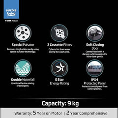 Voltas Beko, A Tata Product 9 Kg 5 Star Semi-Automatic Top Loading Washing Machine (WTT90UHA/OK5B1B1S23, Black, Pulsator Wash Method and Double waterfall technology)