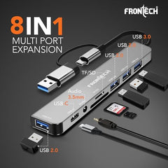 Frontech 8-in-1 Multi-Port Expansion Hub, Dual Input (USB-C & USB), High-Speed Data Transfer, Metal Matt Finish, Backed with 1 Year Warranty (NC-0058)