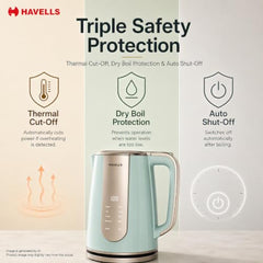 Havells CRAFT Kettle | OptiHeat Tech for Custom Temperature Setting | Real Time Temperature Display |12 Hour Keep Warm Function | Strix Controller for 5x Lifespan | 3x Safety Protection (Blue & Gold)