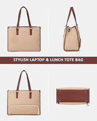 Crewer Elegant Work Bag with Lunch Compartment – Laptop Tote Bag with Lunch Box Section, Office Bag with Insulated Lunch Storage – Stylish Quilted Shoulder Bag for Women. (Cream)