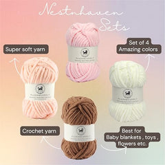 NESTNHAVEN , Plush & Cuddly Sets 2.0 , Chenille Yarn Supersoft Hand Knitting Wool Ball, set of 4 , 400 grams (1 Ball/100 Gram Each) Suitable for Craft, Babywear, Toys , Baby Blankets , 5 Bulky, Shades - NNHS 2.0 (Set 26 baby Pink , lilac , hot pink…