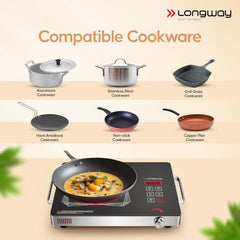 Longway Infralite Pro 2200W Infrared Hot Plate Cooktop with Steel Grill Rack, Crystal Glass Top, Touch Panel & Digital Display, 4 Preset Modes – Stir Fry, BBQ, Hot Pot & Steam, Black