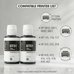 D-tron GT51/GT52 Compatible Refill Ink for HP 5810 5811 5820 5821 115 116 117 310 315 319 410 415 416 419 457 Printers (Black-2 Colour-3) Pack of 5 - Cyan, Magenta, Yellow, Black
