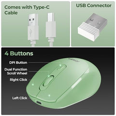 Foxin Flow Wireless Mouse with Rechargeable Battery, Bluetooth & 2.4 Ghz Dual Connectivity, 4 Buttons, Upto 1600 DPI, Type-C Charging | Ergonomic Office Mouse for Laptop, MacBook, PC | Green