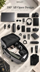 Wesley Luxur 45 Ltrs Overnighter Expandable Travel Laptop Backpack, Flight Cabin Approved Carry On with 16 inch Laptop Compartment, Anti Theft feature business/Travel/Weekender/college Charcoal Black