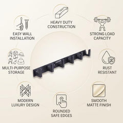 JAGGER JAG334 Wall Mounted Stainless Steel Wall Hooks for Hanging Cloth/Towel Hangers/Door Hangers/Hook Rail/Bthroom Hanger [ Combo Pack of 2 ] (Black, 6 PIN Hook)