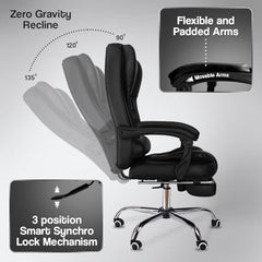 Kepler Brooks Italia Premium Leatherette Office Chair for Work | 3-Years Warranty | Boss Chair for Office, Ergonomic Executive Chair, Cushioned Arms & Seat, Leg Rest, Heavy Duty Metal Base (Black)