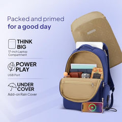 American Tourister Jit+ 2.0 Style 02, 25L Office 3 Compartment Laptop Backpack With Cable Organizer Pouch, USB Charging Port, Trolley Strap & Rain Cover For Unisex, Men & Women - Deep Blue