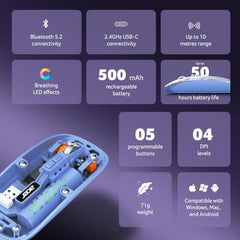 Acer Clearview Wireless Mouse, Dual Mode Bluetooth 5.2 & 2.4GHz, Rechargeable 500mAh Battery, RGB Lighting, 3200 DPI Adjustable, Silent Portable Mouse for Laptop, PC, Mac & Tablet, Blue