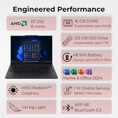 Lenovo Smartchoice ThinkPad E14, AMD Ryzen 7 250 (Coequal R7 8845HS), 16GB RAM, 512GB SSD, WUXGA IPS 14”(35.56cm), Win11, Office 2024, Black, 1.41Kg, 21T0S0FP00, FPR, Backlit,300Nits, 1Y Onsite,Laptop