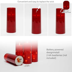 Flameless LED Pillar Candle Set of 2 | Acrylic Fiber Glass | Dancing Faux Wick | Remote Control with Battery Operated 3 AA | Home Décor & Gifting | 3" D x 6" H | Red