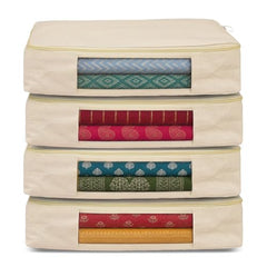 JD FRESH 3 Pcs Cotton Saree Covers/Storage Bags with Zip Cover/Space Saving Bag with Transparent Window/Wardrobe & Cupboard Organizer for Clothes/Bedsheets/Lehengas (16 x 13 x 3 Inch/Off White)