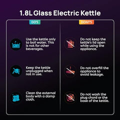 Wipro Elato 1.8 litre Glass LED electric Kettle with Keep warm Function | Auto cut off | Triple Protection - Dry Boil, Steam & Over Heat |Stainless Steel Inner Body | 1500 watts