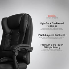 Kepler Brooks Italia Premium Leatherette Office Chair for Work | 3-Years Warranty | Boss Chair for Office, Ergonomic Executive Chair, Cushioned Arms & Seat, Leg Rest, Heavy Duty Metal Base (Black)