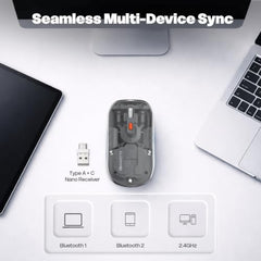 Amkette Epic TP Advanced Transparent Wireless Mouse/Bluetooth Mouse Rechargeable, USB-A+USB-C Nano Receiver, 3200DPI, Type-C Charging, 3 Device Connectivity for Laptop, PC, MacBook, Tablet & More