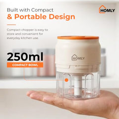 HOMLY Chopzo Mini Vegetable Chopper 250ml, 30W Rechargeable Electric Chopper with Stainless Steel Tri-Blade Cutter, USB Charging, Compact Chopper for Onion, Garlic & Vegetables