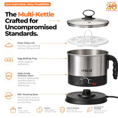 ITALIA Premium Electric 600W Multi Kettle 1.2L with Stainless Steel Body, Egg Rack, Grill Rack, 3 Heating Modes & Rapid Boil Technology, Boiling Water, Tea, Coffee, Oats, Noodle, Soup, Black