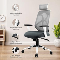 ASTRIDE Ergofit ISI Certified Ergonomic Office Chair for Work | 2D Headrest, Adjustable Arms & Lumbar Support | Single Lock Mechanism DIY [Grey-White]