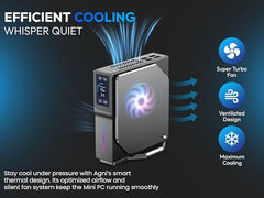 SKULLSAINTS Agni Mini PC – Vibrant LCD Screen, M.2 SSD, Mini Tower with RGB Lights, WiFi 6, 4K UHD, Dual LAN for Home and Office (16+512, 13th Gen N150)