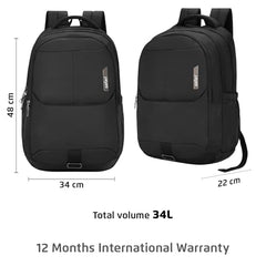 Safari Forge 34L Laptop Backpack, 3 compartments, Raincover, Antitheft pocket, Trolley Sleeve, Organizer, Bottle holder, Front pocket, College bag, school bag, Formal backpack, Color- Black