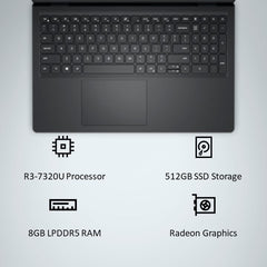 Dell 15, AMD Ryzen 3 7320U Processor (8GB RAM / 512GB SSD/Windows 11 + Office H&S 2024 + M365 / 15.6"(39.62 Cm) FHD Display / 12 Month Mcafee/Black Color/ 1.63 Kg/Thin & Light Laptop