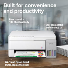 Epson EcoTank L3356 (New Launch) WiFi InkTank A4 Colour Printer, Scanner, Copier for Home & Office, 5760x1440dpi Resolution, Low Printing Cost at just 9 Pais/Black Print & 33 Paise/Colour Print