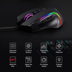 Redragon M612AK PRO RGB Gaming Mouse, 8000 DPI Wired/Wireless Optical Mouse with 9 Programmable Buttons & 7 Backlit Modes, BT & 2.4G Wireless, Software Supports DIY Keybinds Rapid Fire Button