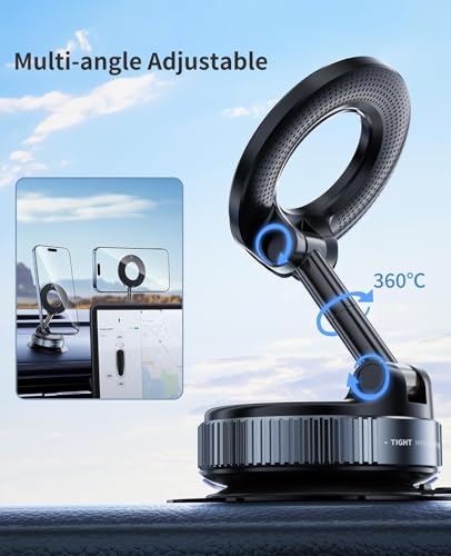 (1 Year Warranty) 360° Magnetic Vacuum Car Phone Holder, Strong Suction Mount for Dashboard, Windshield, Mirror & Smooth Surfaces, Universal Smartphone Holder - Black Compatible with All Smartphones