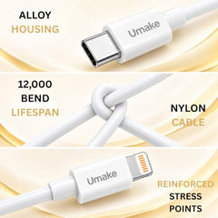 Umake USB-C to Lightning Cable, (MFi Certified) PD Fast Charging Cable, Premium Lightning Charging Cable for iPhone 14/14 Pro/ 14 Pro Max/ 13/13 Pro/ 13 ProMax/ 12/11/XR/XS/X/8 S & iPhone, iPad