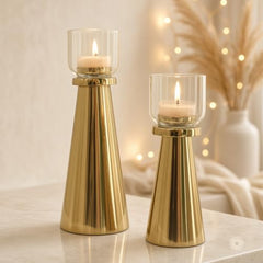 Behoma Handcrafted Golden Tea Light Candle Holders Set of 2 | Premium Metal & Glass Candle Stand | Centerpiece for Living Room, Coffee Tables & Home Decor Gift (Candles Not Included)