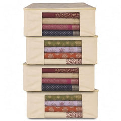 JD FRESH 3 Pcs Cotton Saree Covers/Storage Bags with Zip Cover/Space Saving Bag with Transparent Window/Wardrobe & Cupboard Organizer for Clothes/Bedsheets/Lehengas (16 x 13 x 3 Inch/Off White)