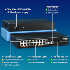 YuanLey 18 Port 2.5G PoE Switch Unmanaged, 16 x 2.5G Base-T PoE Ports, 2 x 10G RJ45 UpLink, IEEE802.3af/at, 250W, Compatible with 100/1000/2500Mbps, Metal Case, 2.5Gbe Network Switch