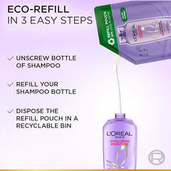 L'Oreal Paris Hyaluron Moisture Shampoo Refill - Hyaluronic Acid, 500ml | 500ml refill for dry, dehydrated hair. Provides 72 hours hydration, leaving hair soft, shiny, & bouncy. Ideal for daily wash.