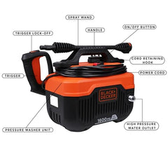 BLACK+DECKER BEPW1600 1300W 1600 PSI 110 Bar Pressure Washer for Car, Bike, Home & Garden Cleaning Use with Multiple Accessories Included, 1 Year Warranty, Orange & Black