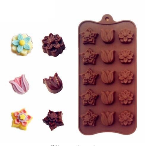 SYGA Silicone Multi Design Flowers Shape Chocolate Jelly Candy Mold, Cake Baking Mold, 15-Cavity Bakeware Mould, Brown