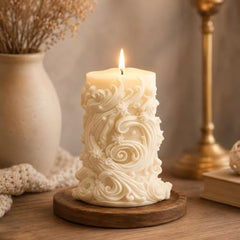 Decorative Fragrance Candle with Raised 3D Ivory Swirl Pillar Artwork | Long Burning Scented Candle for Home Décor, Living Room, Bedroom, Meditation Space, Table Decoration & Gift