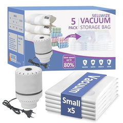 SELLWIZE Vacuum Storage Bags with Electric Pump, 5 Pack Small, Space Saver Bags with Triple-Sealed Valve Airtight, Reusable Compression Storage Bags for Packing, Polyamide Polyethylene Material