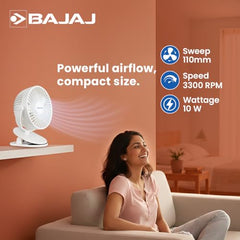 Bajaj Pygmy Mini Fan 110MM | USB Charging | Multi-Clip Function | Rechargeable | 4-Hr Back-up | Silent Operation | Longer Battery Life | Energy Efficient | Portable【White】