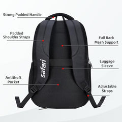 Safari Forge 34L Laptop Backpack, 3 compartments, Raincover, Antitheft pocket, Trolley Sleeve, Organizer, Bottle holder, Front pocket, College bag, school bag, Formal backpack, Color- Black