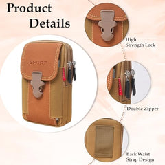 MOMISY Men's Nylon Utility Pouch, Multi-Compartment Travel Phone Bag with Buckle, 17 x 10.5 x 5 cm, Khaki