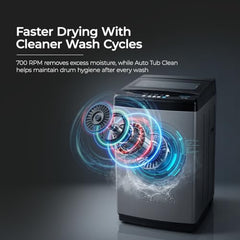 Midea 7.5kg 5-Star Top Load | Fully Auto | Hydrowave Stainless Tub | 10 Programs | 700 RPM | Intelligent Sensors | Auto Tub Clean | Magic Filter | Child Lock | Glass Lid | (MWMTL075FP1ENIG, Inox Grey)