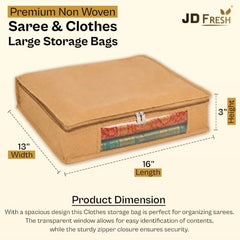 JD FRESH 6 Pcs Non Woven Saree Covers/Storage Bags with Zip Cover/Space Saving Bag with Transparent Window/Wardrobe Cupboard Organizer for Clothes/Lehengas/Bedsheets (17 X 14 x 7 Inch/Orange)