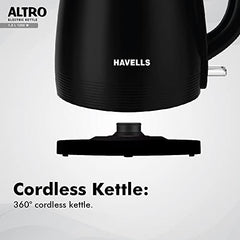 Havells Electric Kettle Altro 1250 Watts 1.5 liters, Double Layered Cool Touch Outer Body | 304 Rust Resistant SS Inner Body with Auto Shut Off | Wider Mouth | 2 Yr Manufacturer Warranty (Black)