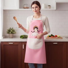 MOMISY Waterproof Kitchen Apron, Cooking Apron with Large Front Pocket, Cute Girl Print Design (Pink OffWhite)