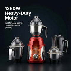 Indicon Rover 1350W Copper Motor Mixer Grinder with 4 Jars (3 Stainless Steel + 1 Juicer Jar), 3-Speed Control, Heavy Duty Grinding & Blending for Kitchen, Unbreakable ABS Body, Red