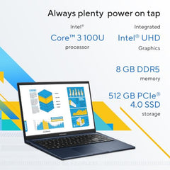 ASUS Vivobook 15 (2026),Intel Core 3 100U (i3-14th Gen),Intel iGPU, 8GB/512GB, FHD, 15.6"(39.6 cm),Windows 11,M365 Basic(1 Year)* Office 2024,Quiet Blue,1.7 Kg, X1504VAP-BQ1322WS,Thin & Light Laptop