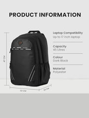 Wildcraft Dark Edition 45 L Professional Laptop Backpack for Men & Women | Fits 15.6 inch Laptop | Padded Shoulder Straps, Multi Compartments, Anti-Theft Zippers | Business Travel Bag | Dark Black
